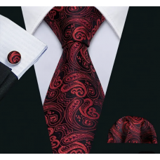 3delige set stropdas pochet manchetknopen rood zwart Paisley